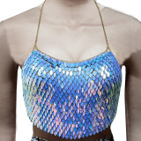 Burning Man Rave Festival Clothes Sexy Holographic Iridescent Halter Scales Sequin Crop Top Women Beach Backless Nightclub Party High Quality Boho Handcrafted Short Tops