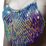 Burning Man Rave Festival Clothes Sexy Holographic Iridescent Halter Scales Sequin Crop Top Women Beach Backless Nightclub Party High Quality Boho Handcrafted Tops