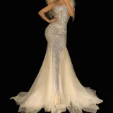 Sexy Drag Queen Costumes See Through Mesh Rhinestone Event Party Prom Long Dresses Celebrity Red Carpet Runway Stage