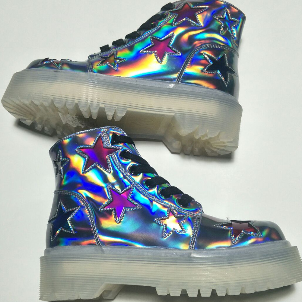 US$ 107.00 - Rave Bamboo Holographic Star Combat Boots - www.pindarave.com