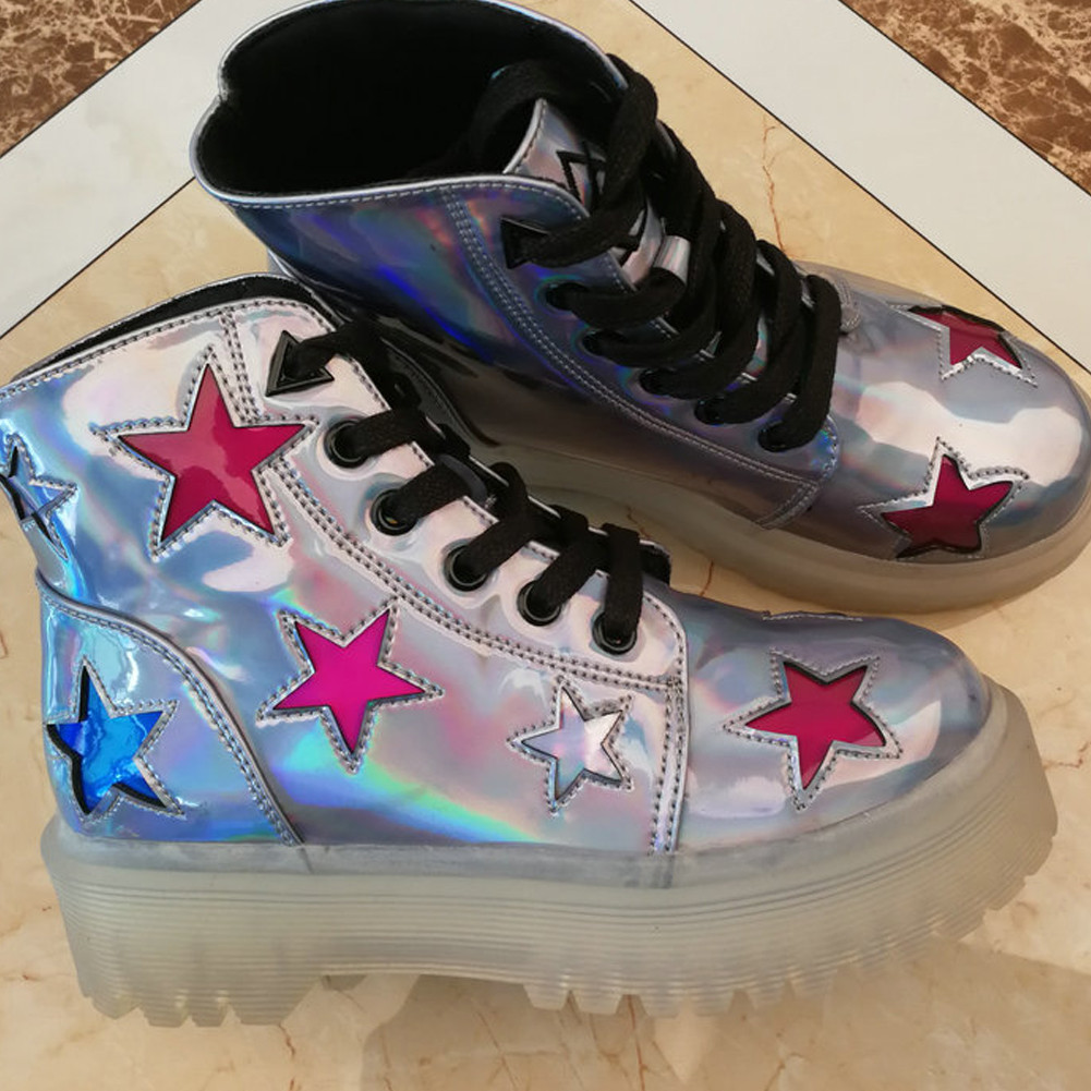 US$ 107.00 - Rave Bamboo Holographic Star Combat Boots - www.pindarave.com