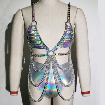 burning man rave festival outfits Spike Holographic Bondage top Bodychain
