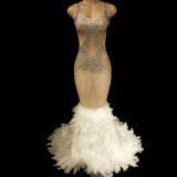 Drag Queen Costumes Lux Rhinestones Feather Sexy Prom Nightclub  Sleeveless Long Maxi Dress Celebrate  Birthday Dresses