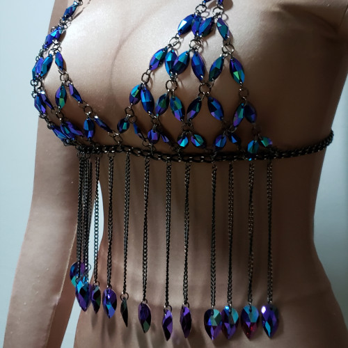 US$ 85.00 - Holographic Iridescent Chain Halter Bra Top, Body Jewelry Chain,Rave  Top Clothes festival Wear Clothing,Burning Man Outfits - m.