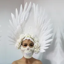 Burning Man Pearl Mask Skull Angel Feather Wig Headdress Head Pieces Costumes Festival Rave Clothes Outfits Gear Halloween Masquerade