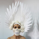Burning Man Pearl Mask Skull Angel Feather Wig Headdress Head Pieces Costumes Festival Rave Clothes Outfits Gear Halloween Masquerade