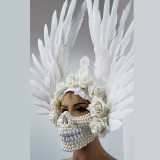 Burning Man Pearl Mask Skull Angel Feather Wig Headdress Head Pieces Costumes Festival Rave Clothes Outfits Gear Halloween Masquerade