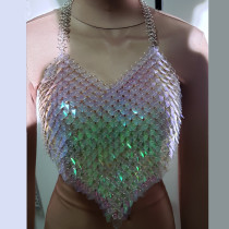 Handmade Burning Man Rave Holographic Iridescent Scalemaille armour Crop Top Outfits Mermaid Costume Cosplay