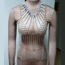 Burning Man Rave Festival Clothes Sexy Holographic Iridescent Halter ScaleMaille Fringe Crop Top Women Boho Body Chain Jewelry Tops