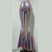 Rave Festival Holographic Rainbow Mermaid High Waist Wide Leg Pant Bell Bottoms Flare Yogo Pants Leggings