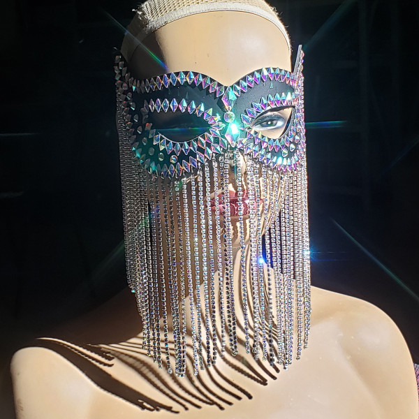 Rhinestone Chain Mask / Crystyal Fringe Leather Mask/ Gatsby Headpiece /Chain headpiece/Burning Man Headpiece/Cosplay Halloween Costumes