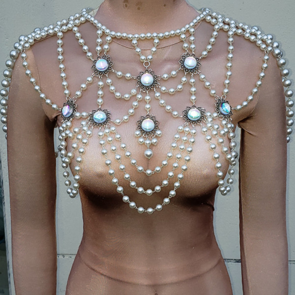 Pearl Top,Mermaid Costume,Pearl Shoulder Piece,Pearl Body Chain,Carnival Costume, Festival Outfit ,Rave Top Clothing,Burning Man Outfits 
