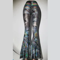  Rave Festival Holographic Rainbow Geometric High Waist Wide Leg Pant Bell Bottoms Flare Yogo Pants Leggings