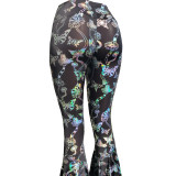 Rave Festival Holographic Rainbow Butterfly High Waist Wide Leg Pant Bell Bottoms Flare Yogo Pants Leggings
