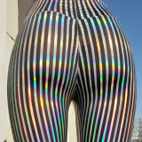 Rave Festival Holographic Rainbow Stripe High Waist Wide Leg Pant Bell Bottoms Flare Yogo Pants Leggings