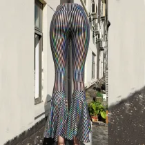Rave Festival Holographic Rainbow Stripe High Waist Wide Leg Pant Bell Bottoms Flare Yogo Pants Leggings