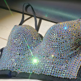 Handmade Embroidered Full Rhinestone Sparkly Bling Bling Push Up Bra Rave Pole Dance Bustier Top