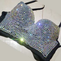 Handmade Embroidered Full Rhinestone Sparkly Bling Bling Push Up Bra Rave Pole Dance Bustier Top