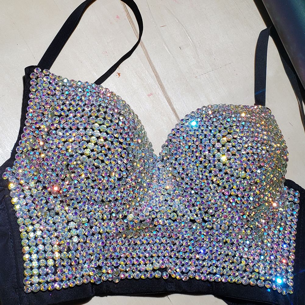 US$ 58.00 - Handmade Embroidered Full Rhinestone Sparkly Bling Bling Push  Up Bra Rave Pole Dance Bustier Top - m.