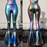 Rave Festival Holographic Rainbow Stripe High Waist Wide Leg Pant Bell Bottoms Flare Yogo Pants Leggings