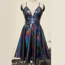 Black Rainbow Holographic Skater Dress Women Rave Dress Clothes Outfits University Graduation Homecoming Dresses Cocktail Dresses Backless Dress Spaghetti Straps Deep V-neck Short Prom Dress