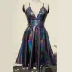 Black Rainbow Holographic Skater Dress Women Rave Dress Clothes Outfits University Graduation Homecoming Dresses Cocktail Dresses Backless Dress Spaghetti Straps Deep V-neck Short Prom Dress