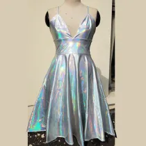 Unicorn Rainbow Holographic Skater Dress Women Rave Dress Clothes Outfits University Graduation Homecoming Dresses Cocktail Dresses Backless Dress Spaghetti Straps Deep V-neck Short Prom Dress