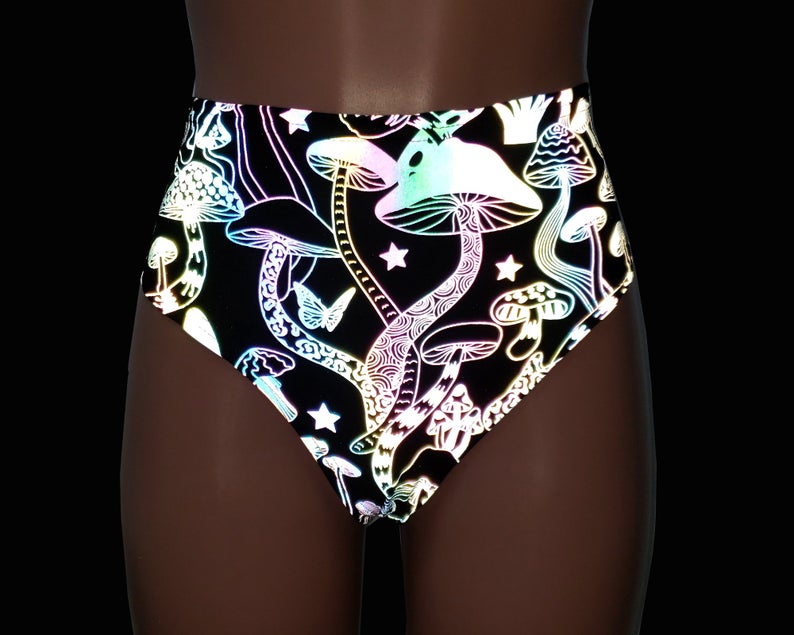 US$ 45.00 - Iridescent Holographic Rainbow Reflective Mushroom Rave Pole  Dance Waist High Booty Shorts Bottom Clubwear - m.