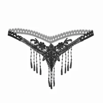 Women's Sexy G-String Pearl Thong With Tassels Floral Crotchless Lingerie Bikinis