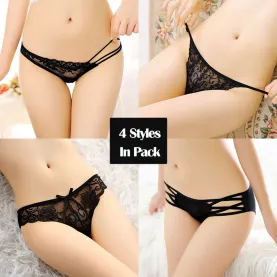 Women's 4 Different Styles Pack Panties Black Collection Sexy Low Rise Mesh Floral G-String Bikini Lingerie