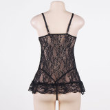 Black Floral Sheer Lace Fly-Away Plus Size Babydoll Nightwear Lingerie Set M-6XL