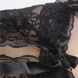 Black Floral Sheer Lace Fly-Away Plus Size Babydoll Nightwear Lingerie Set M-6XL