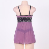 Sexy Babydoll Lingerie Set For Women Mesh Nightgown Pajamas Slip Nightwear Dress Lace G-string Purple