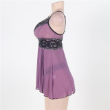 Sexy Babydoll Lingerie Set For Women Mesh Nightgown Pajamas Slip Nightwear Dress Lace G-string Purple