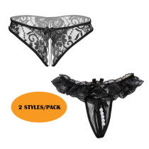 Women's Sexy Pearl Thong Set Crotchless Panties See Though Lace T-Back Underwear 2 Styles/Pack