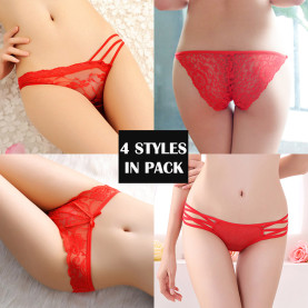 Women's 4 Different Styles Pack Sexy Low Rise Mesh See Though Floral Panties Red Collection
