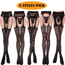 Women's 5 Styles Pack Crotchless Stockings Suspender Pantyhouse Thigh High Waist Sexy Fishnet Garter Tights Sleepwear Gift for Girlfriend Wife