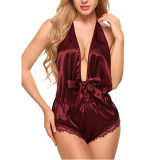 Women's Sexy Silky Halter Open Back Lingerie Deep V Neck Teddy Bodysuit Babydoll Sleepwear