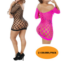 Women's 2 Colors Pack Sexy Fishnet Bodystocking Crotchless Plus Size Lingerie High Elasticiy Bodysuit