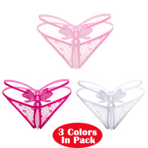 Women's 3 Colors Pack Sexy Massage Pearl G-String Thong Lace T-Back Panties Underwear