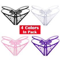 Women's 4 Colors Pack Sexy Massage Pearl G-String Thong Lace T-Back Panties Underwear