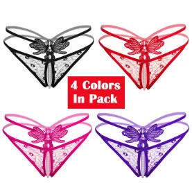 Women's 4 Colors Pack Sexy Massage Pearl G-String Thong Lace T-Back Panties Underwear