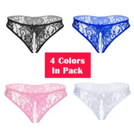 Women's 4 Colors Pack Sexy Floral Lace Tanga Crotchless Panties Mesh Lingerie Underwear For Ladies Girls