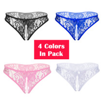 Women's 4 Colors Pack Sexy Floral Lace Tanga Crotchless Panties Mesh Lingerie Underwear For Ladies Girls