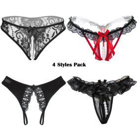 Women's 4 Styles Pack Sexy Lace Underwear Cute Breathable Floral Crotchless Panties Perfect Gift For Girlfriend