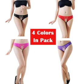 Women's 4 Colors Pack Crotchless Panties Sexy Lace Underwear Cute Breathable Floral Thong Perfect Gift For Girlfriend