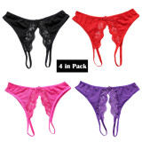 Women's 4 Colors Pack Crotchless Panties Sexy Lace Underwear Cute Breathable Floral Thong Perfect Gift For Girlfriend