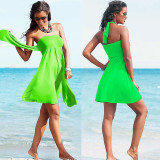 Women's Multi-functional Maxi Dress Pure Color Casual Beach Dresses Halter Off Shoulder Padded Skirt 