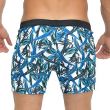 TAD Blue and Green Leafs on White Racing Performance Thirt Cut Swimwear