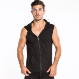 Taddlee Brand Men's Hooded Sleeveless Cotton Solid Black Color Active Hoodies Zip Up Pocket Tank Tops Men